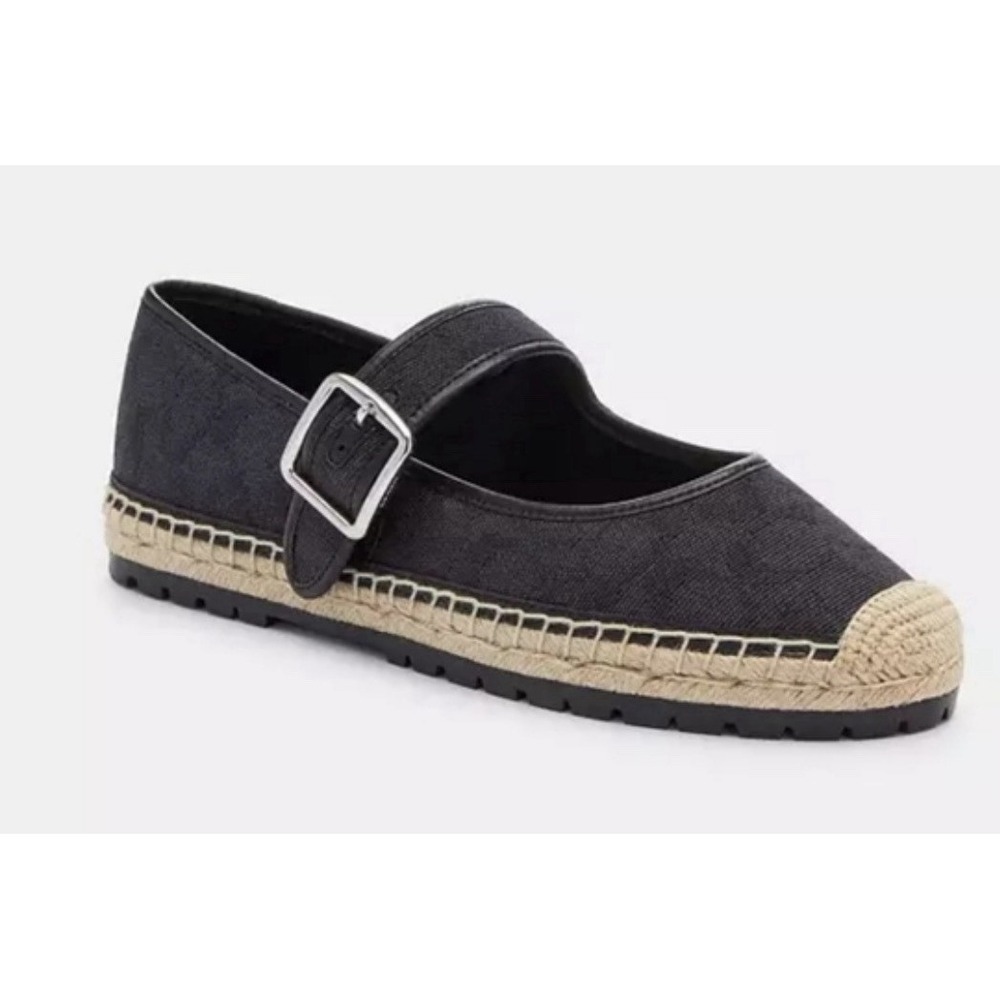 COACH Courtney Mary Jane Black Espadrille‎ Flats 8.5 In Signature Canvas
